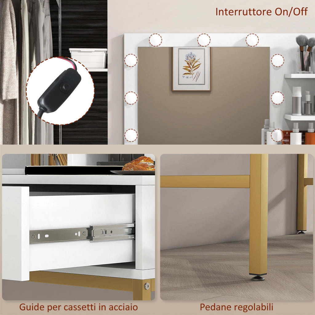 Mobile da Bagno con Specchio, 2 Cassetti e Sgabello ¨C zephmum ¨C Bianco, MDF e Truciolato, 80x40x138 cm