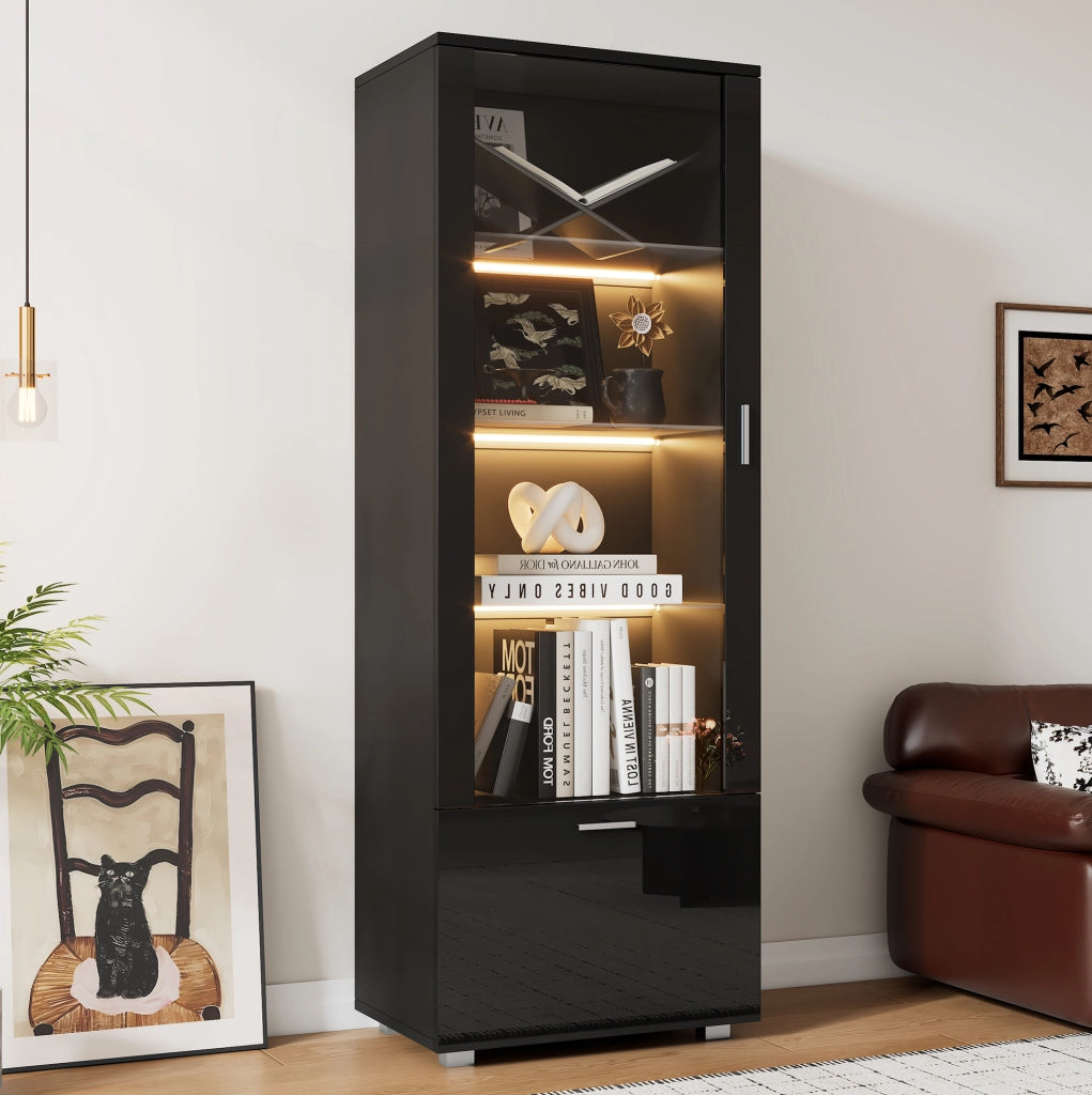 Vetrina alta nera lucida 40x50x160 cm con LED; ante in acrilico e ripiani in vetro temperato