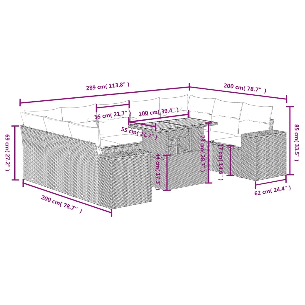 Set Divano da Giardino 10 pz con Cuscini Grigio in Polyrattan 3272782