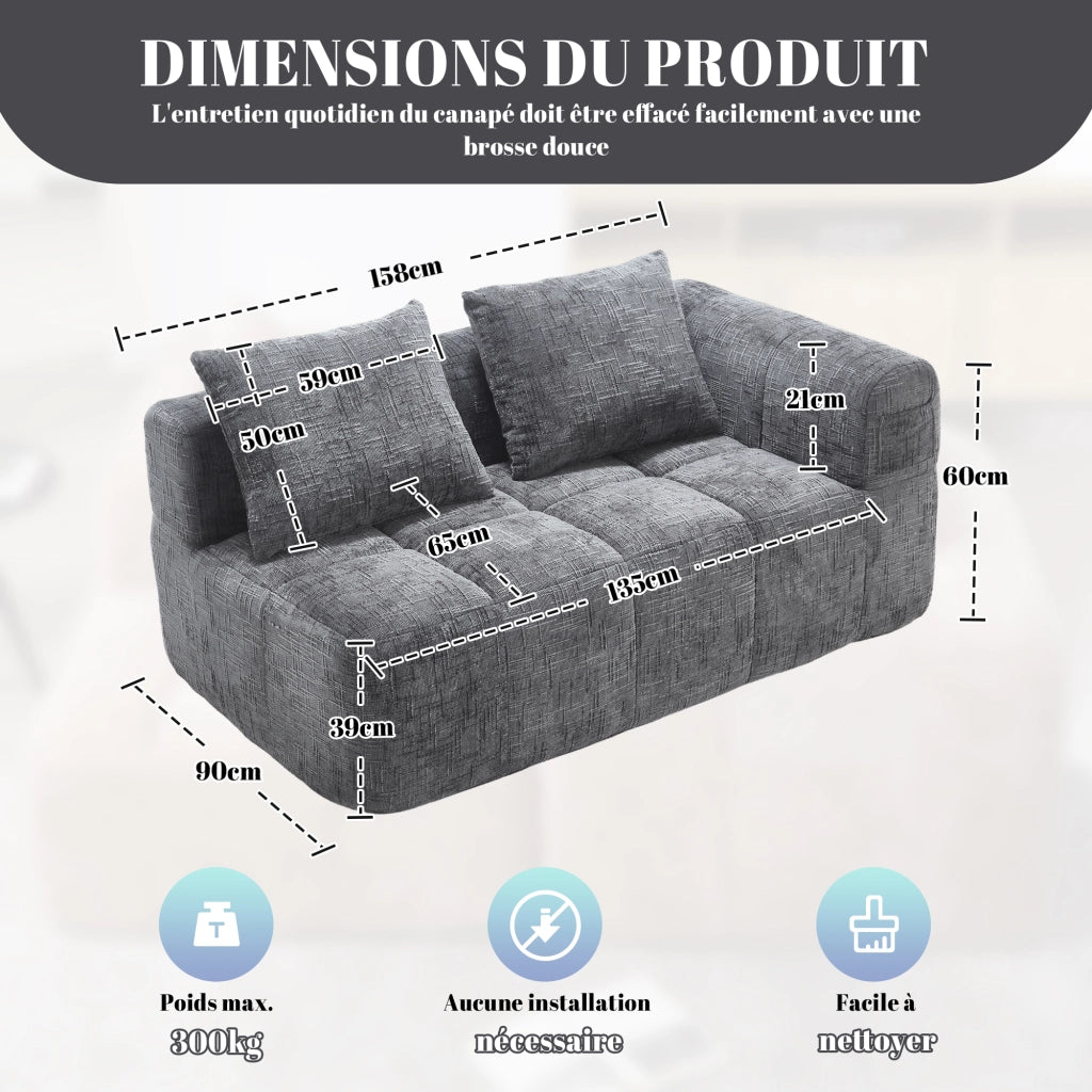 Divano moderno con chaise longue, tessuto Chenille grigio, cuscino e tasche laterali, 158x90x60 cm