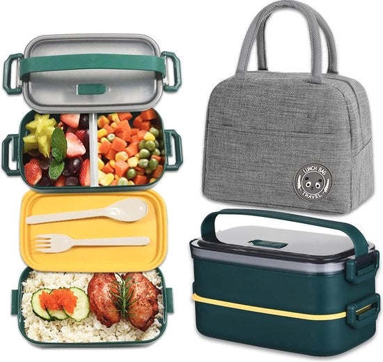 Lunchbox a doppia camera per adulti e bambini - 1600 ml con contenitore per bento magnetronbestendente e valigetta per pranzo - Ideale per scuola, lavoro e picnic