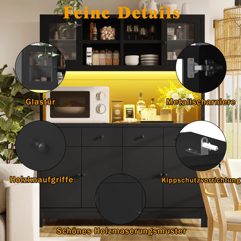 Credenza alta con LED RGB da app, 4 cassetti e ripiani regolabili per cucina e soggiorno in MDF nero 140 × 38,5 × 180 cm