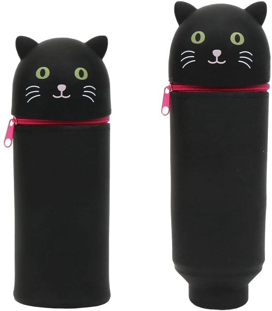Etui 2-in-1 in Silicone Nero, Gatto, Rits, con Pennelli e Matite Colorate, altezza 20 cm