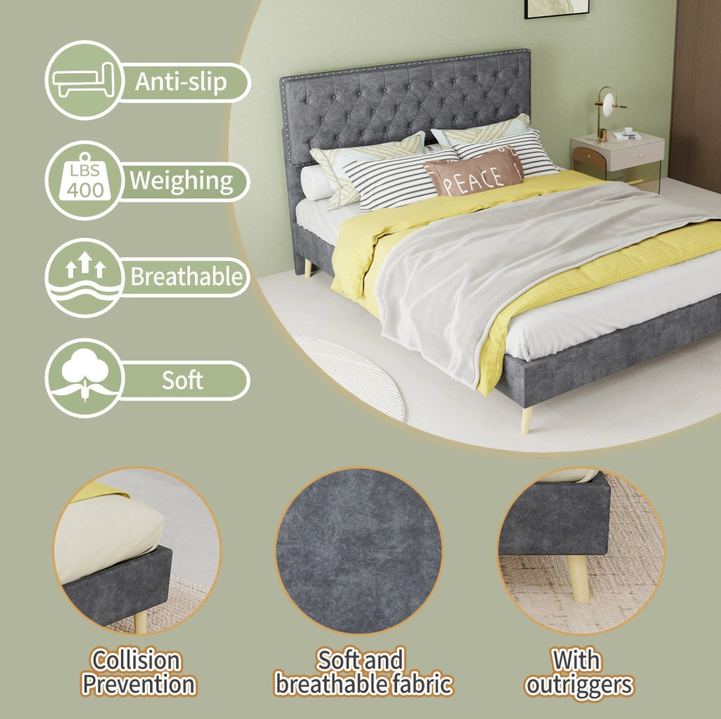Letto matrimoniale 140x200 cm con testiera alta in velluto grigio e rete a doghe