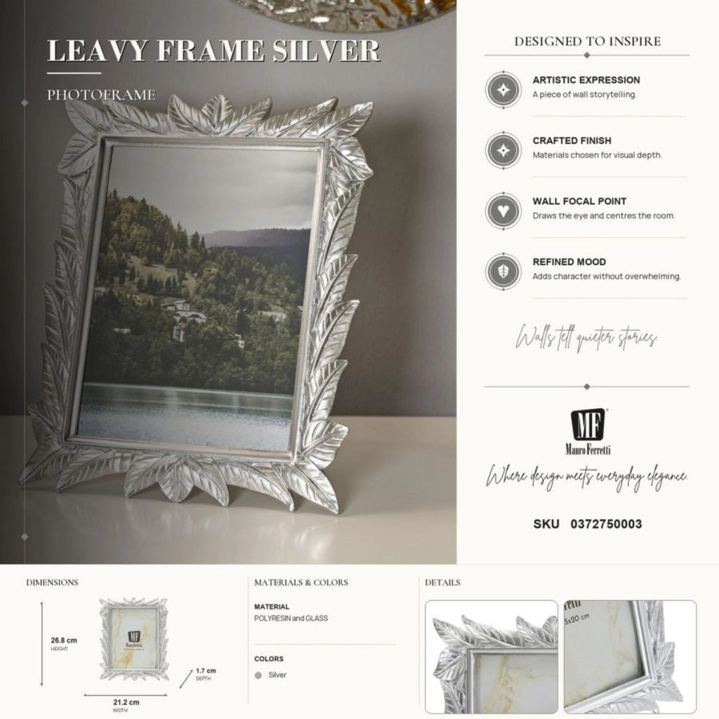 Cornice portafoto Leavy argento con decoro a foglie scolpite 15x20 cm