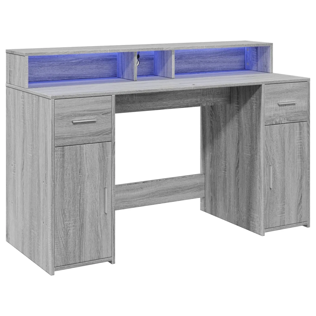 Scrivania con Luci LED Grigio Sonoma 140x55x91cm in Multistrato