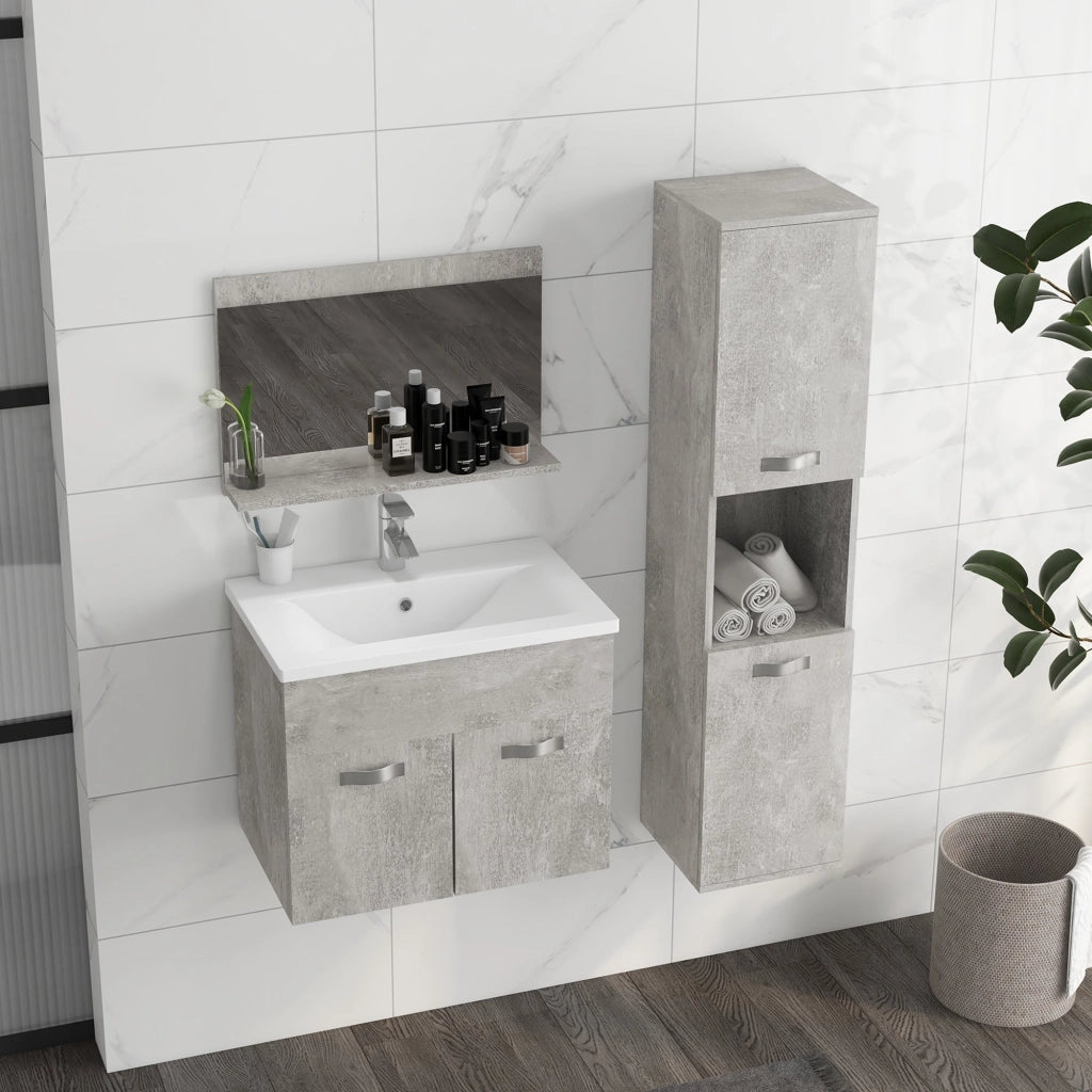 Mobile Bagno Sospeso 60 cm Lavabo Specchio e 1 Pensile Grigio