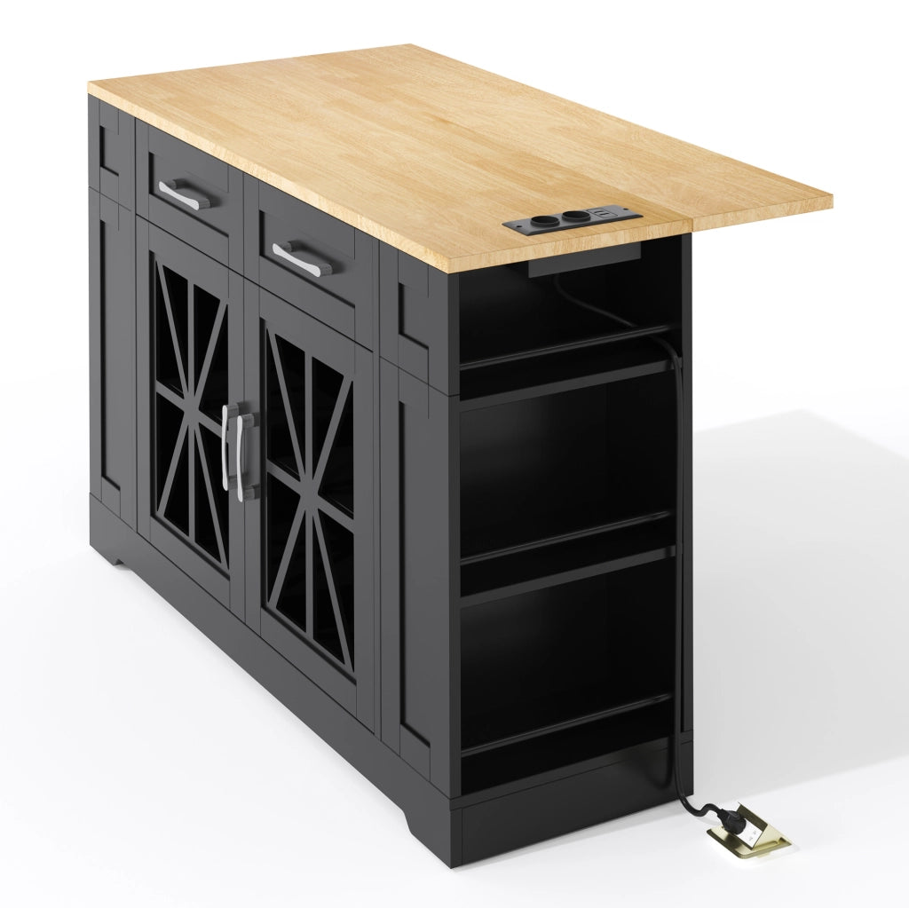 Isola cucina mobile 120x40(65)x92 cm con piano ribaltabile; prese AC e USB in MDF nero e naturale