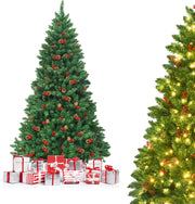 Albero di Natale Artificiale 135/195 cm in PVC, Albero di Natale con Luci LED Incorporate, Mele di Pino e Bacche Rosse, Christmas Tree per Casa, Negozio, Ufficio, Feste (L)