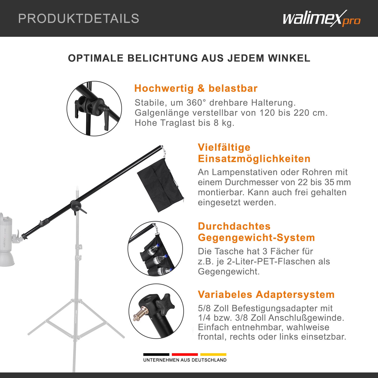 Braccio per stativo a giraffa, con zavorra a borsa, estensibile 120-220 cm, carico max 8 kg, ideale per luci, flash, softbox