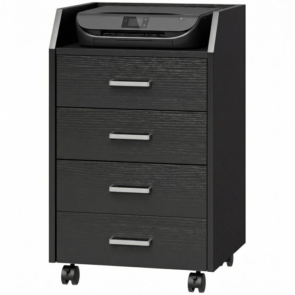 Cassettiera Piccola con 4 Cassetti, Mobiletto Verticale su Ruote, 40 x 36 x 65 cm, Effetto Legno Nero