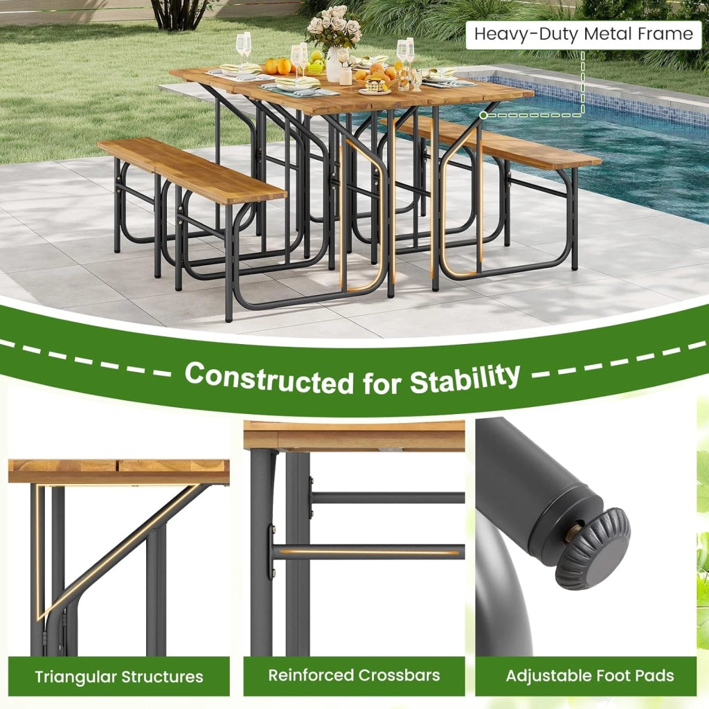 Panca da tavolo da picnic mezza per 1 persone, set tavolo da pranzo e panca in legno di acacia con struttura in metallo robusta, per patio, veranda, giardino, cortile posteriore