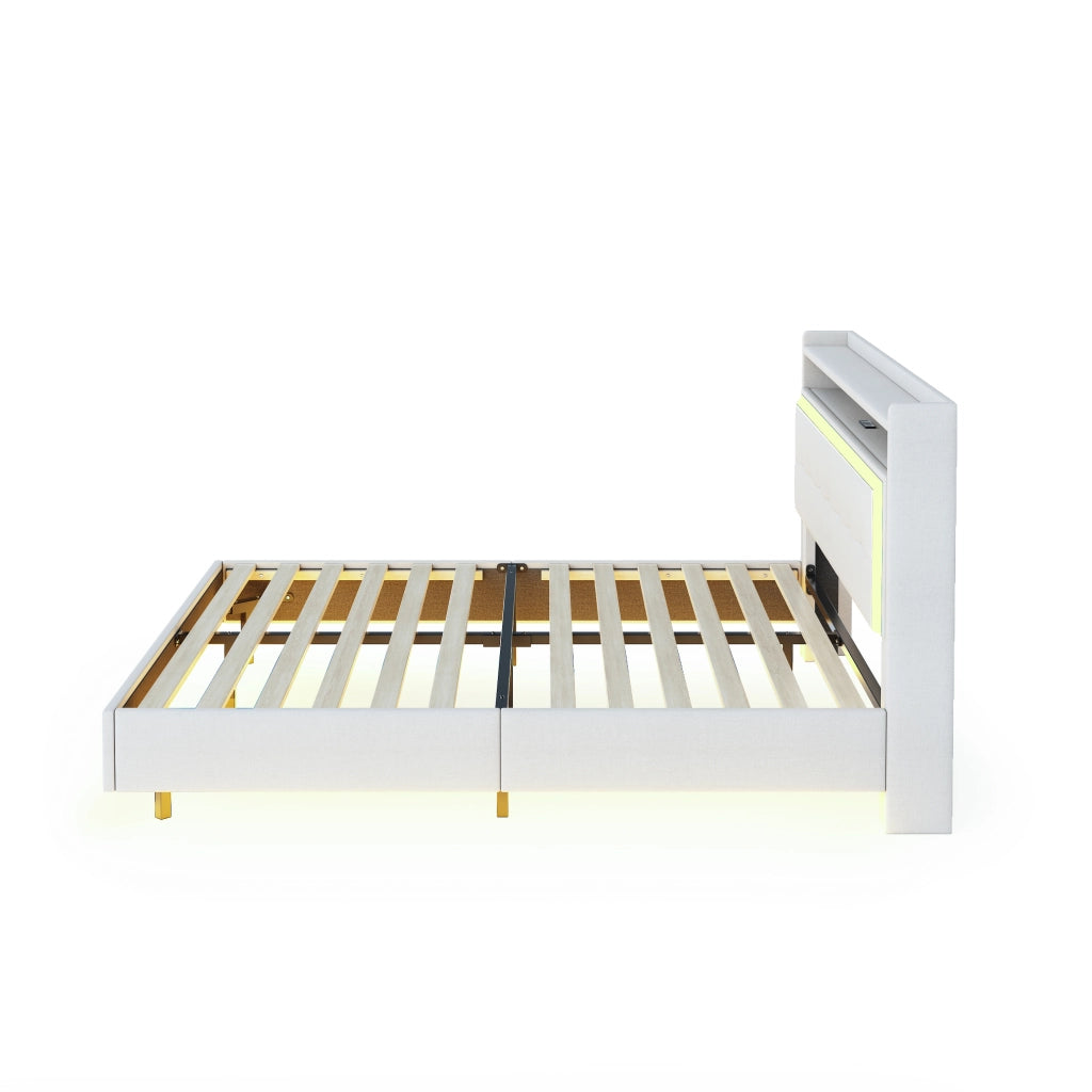 LETTO imbottito 140x200 cm beige in lino con USB e luci LED