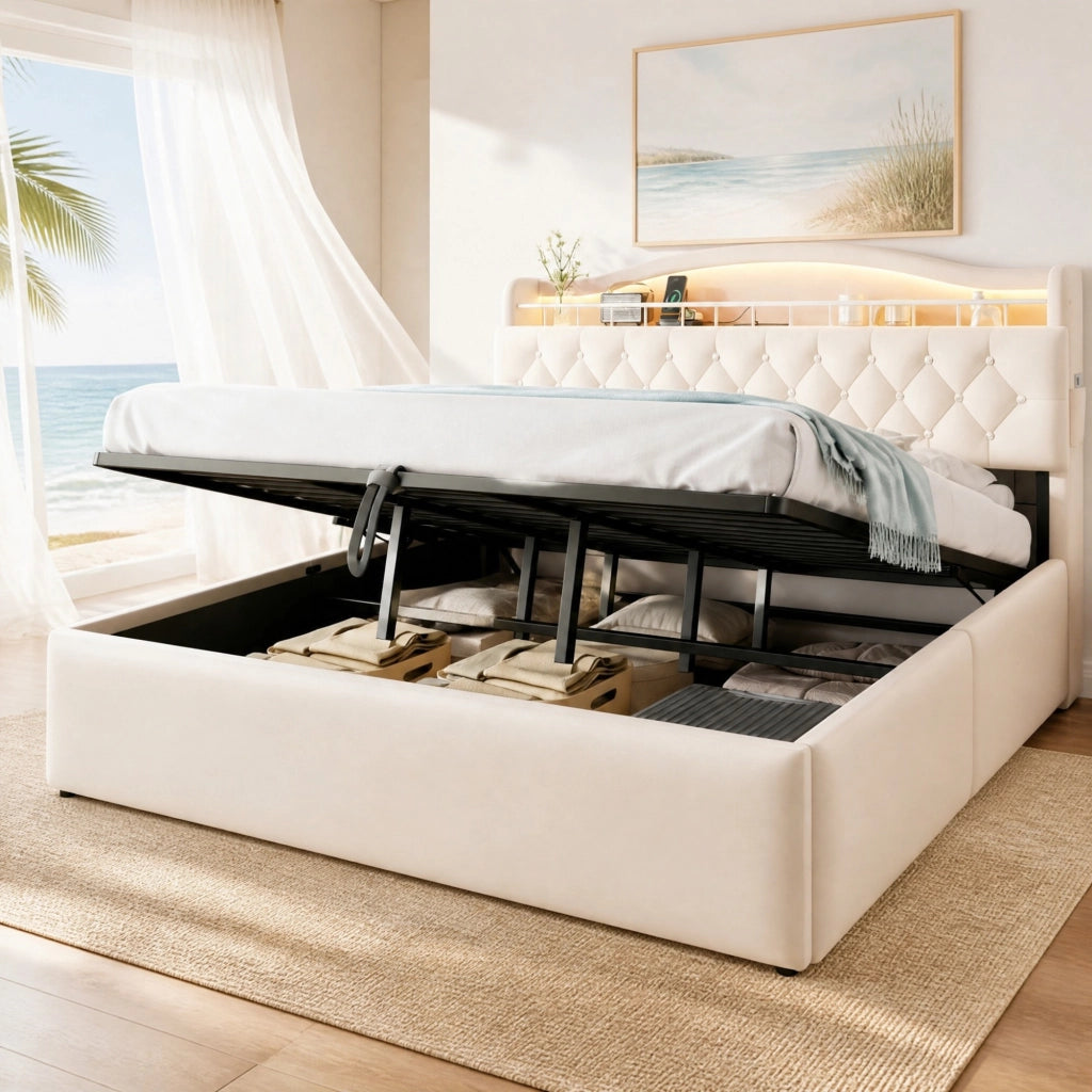 LETTO Contenitore 180x200 cm in tessuto beige con LED, USB e USB-C