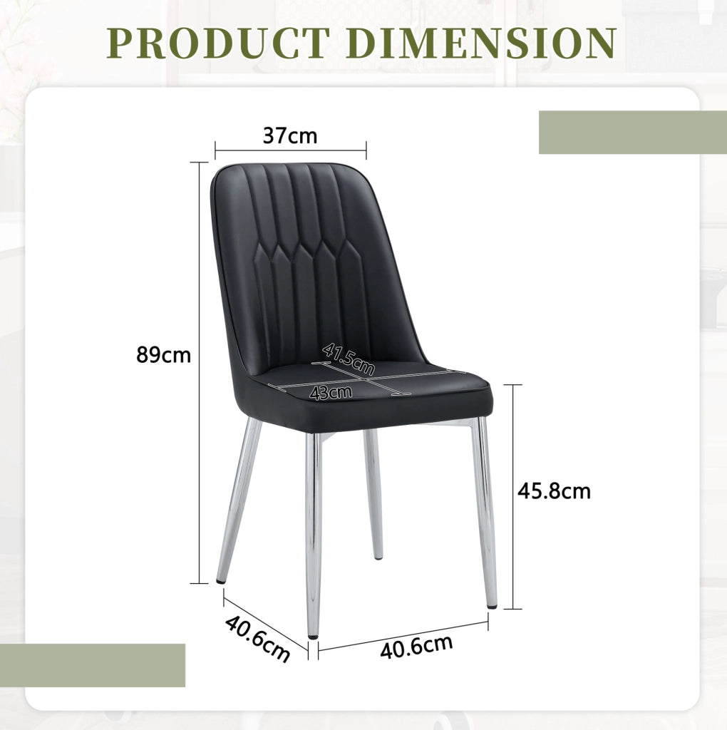Sedia da pranzo nera in ecopelle con gambe metalliche argento, design moderno e minimale