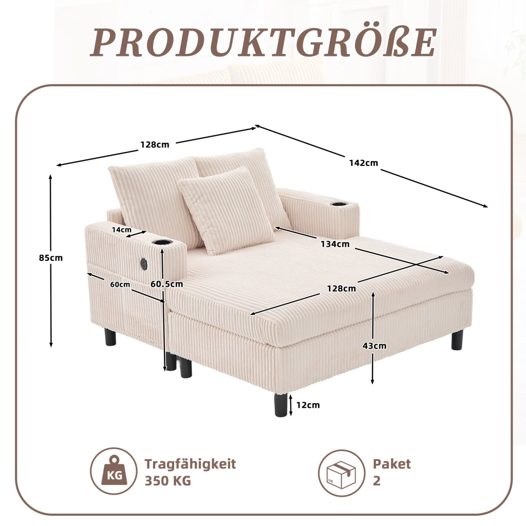 POLTRONA Relax Oversize 142x128x85 cm Corduroy Beige con LED, USB e portabicchiere