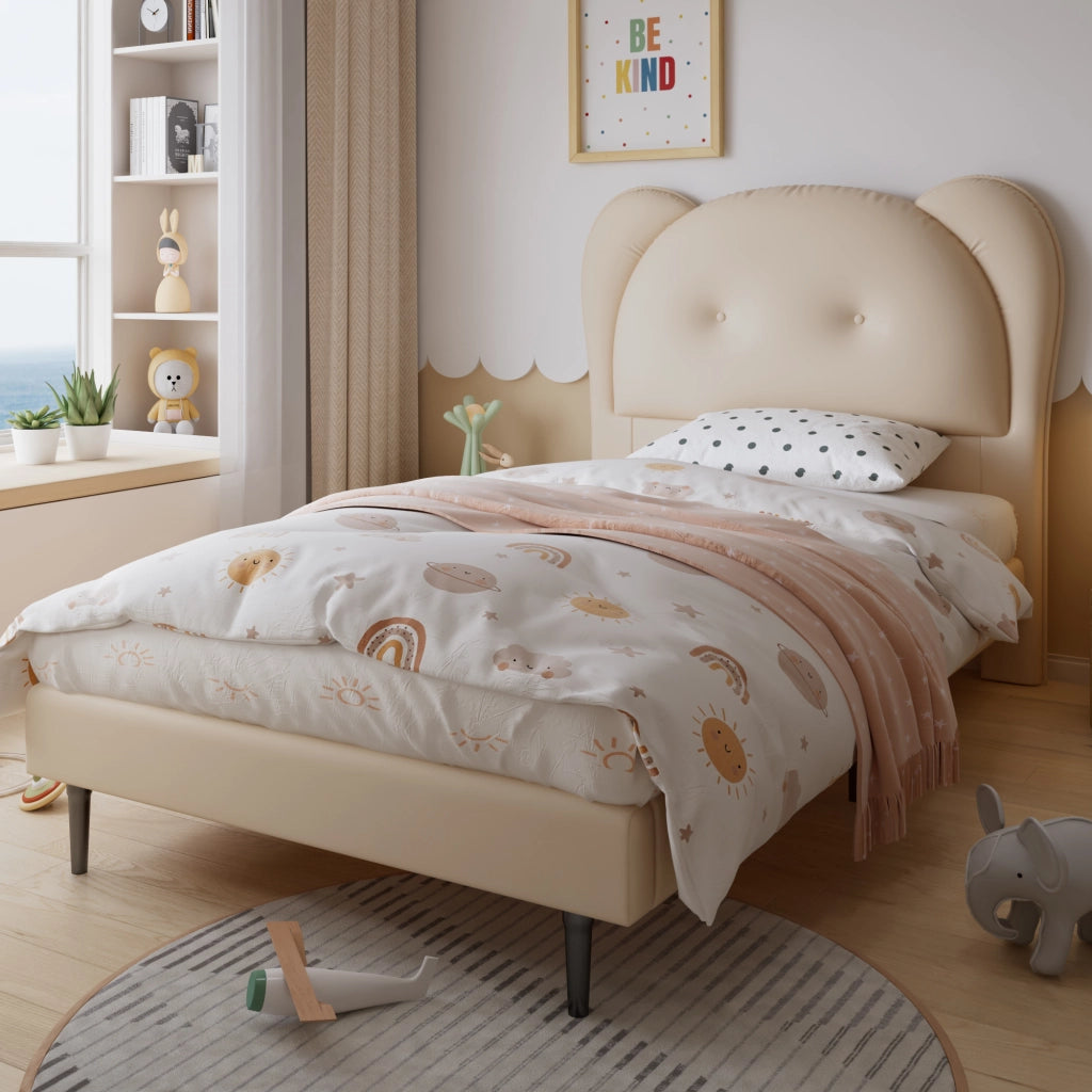 Letto per Bambini 90x200 cm; Letto Singolo - Testiera a Forma di Animale - PU - Beige