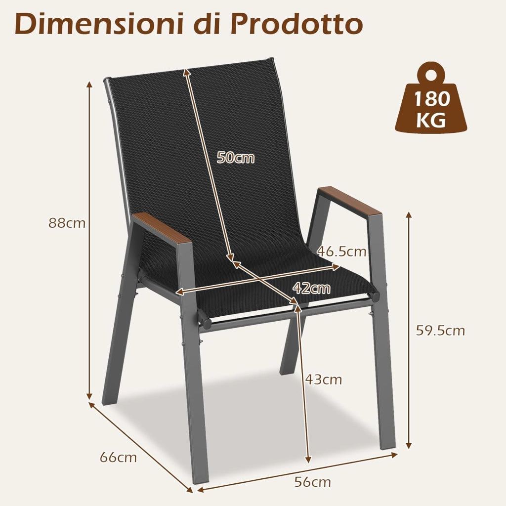 Set di 2/4/8 Sedie da Giardino, Poltrone in Tessuto Textilene per Esterno, Sedie Impilabili con Gambe in Metallo, Portata 180 kg, 56 x 66 x 88 cm (Nero,8)