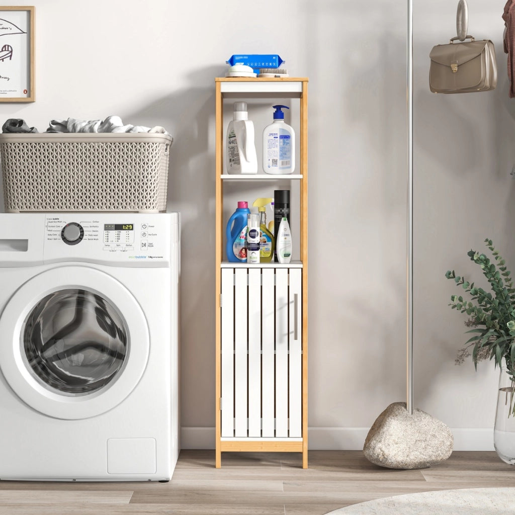 Mobile da bagno alto 129 cm con anta ripiani e ripiano regolabile-Armadietto alto e stretto in bamb¨´ Naturale