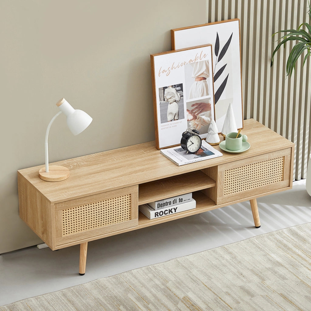 Mobile TV 1400x40x45 cm con ante scorrevoli e ripiani regolabili in MDF naturale