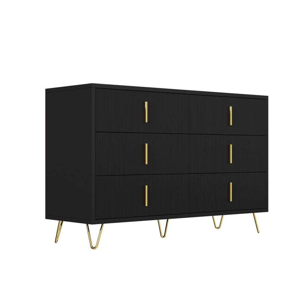 Sideboard 120x77x40 cm con 6 cassetti; design moderno; in truciolare nero e oro