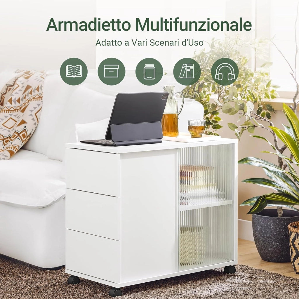 Mobiletto con Rotelle, Comodino con 3 Cassetti e 2 Ante a Vetro, Tavolino Moderno Multifunzione per Soggiorno, Camera da Letto, Bianco 70x35x61 cm FBT141-W