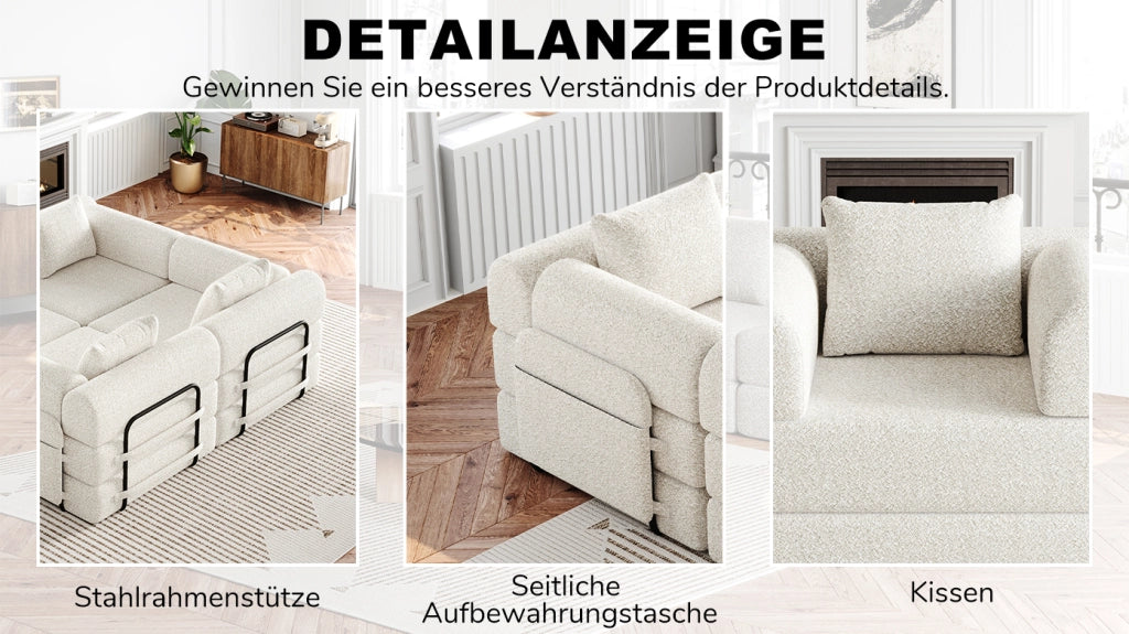 Divano letto convertibile in ciniglia con vano nel bracciolo, struttura in acciaio e base antiscivolo beige