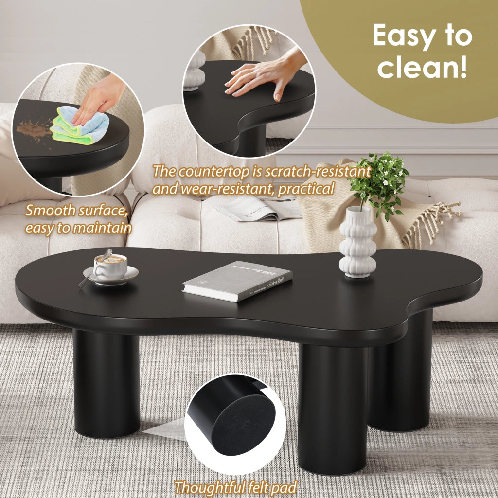 Tavolino da caffè con piano sagomato e 3 gambe; per soggiorno; in MDF; nero; 107×66×40.5 cm