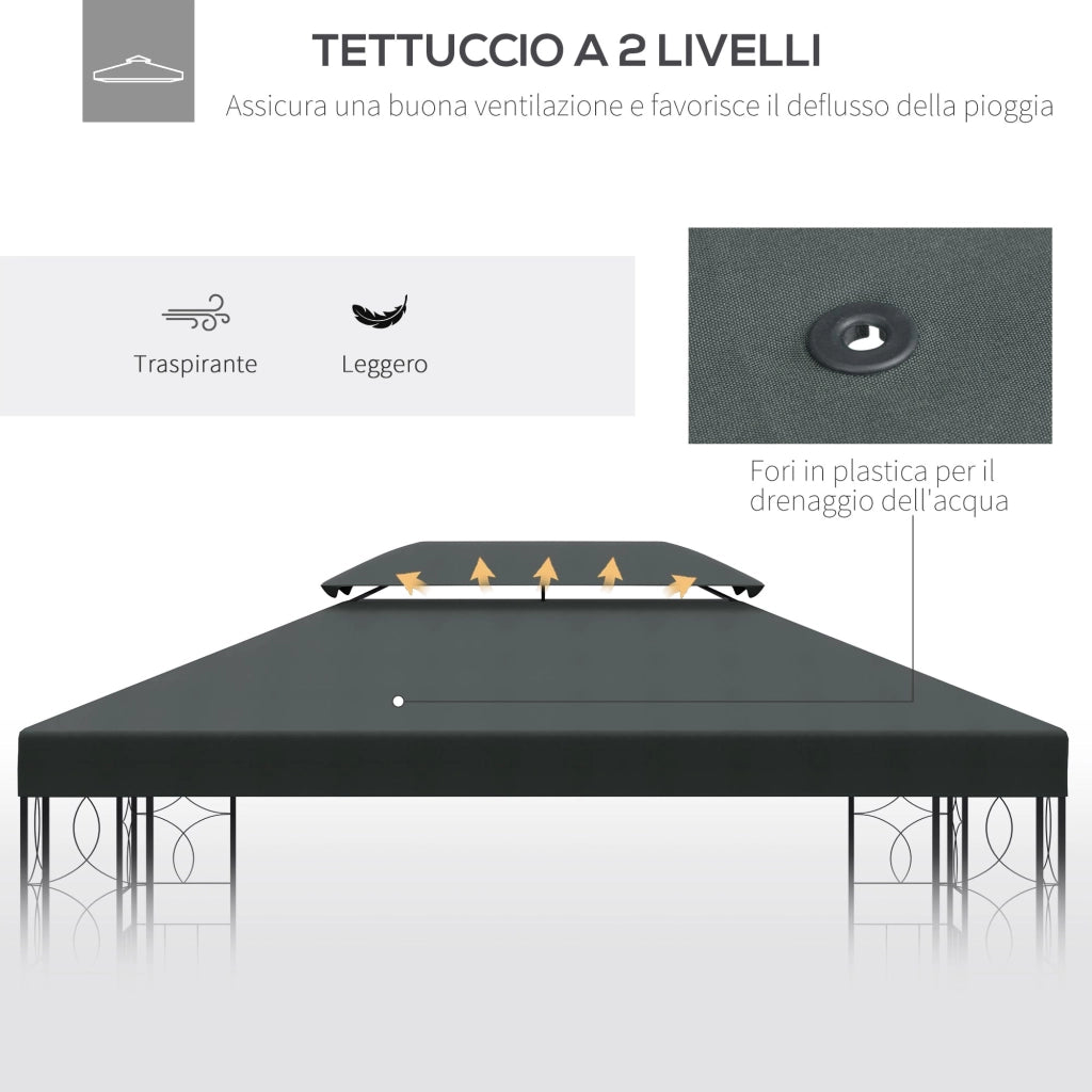 Copertura per Gazebo  a 2 Livelli  con Cinghie e 10 Fori di Drenaggio 4x3m in Poliestere Grigio Antracite