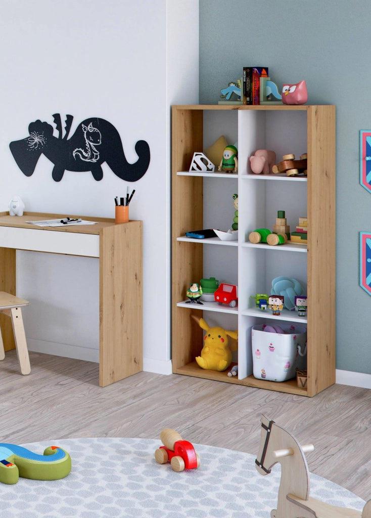 Libreria Alliers, Mobile portalibri reversibile con 8 scomparti, Mobile Porta tv multiposizione, cm 72x33h137, Rovere effetto nodi e Bianco