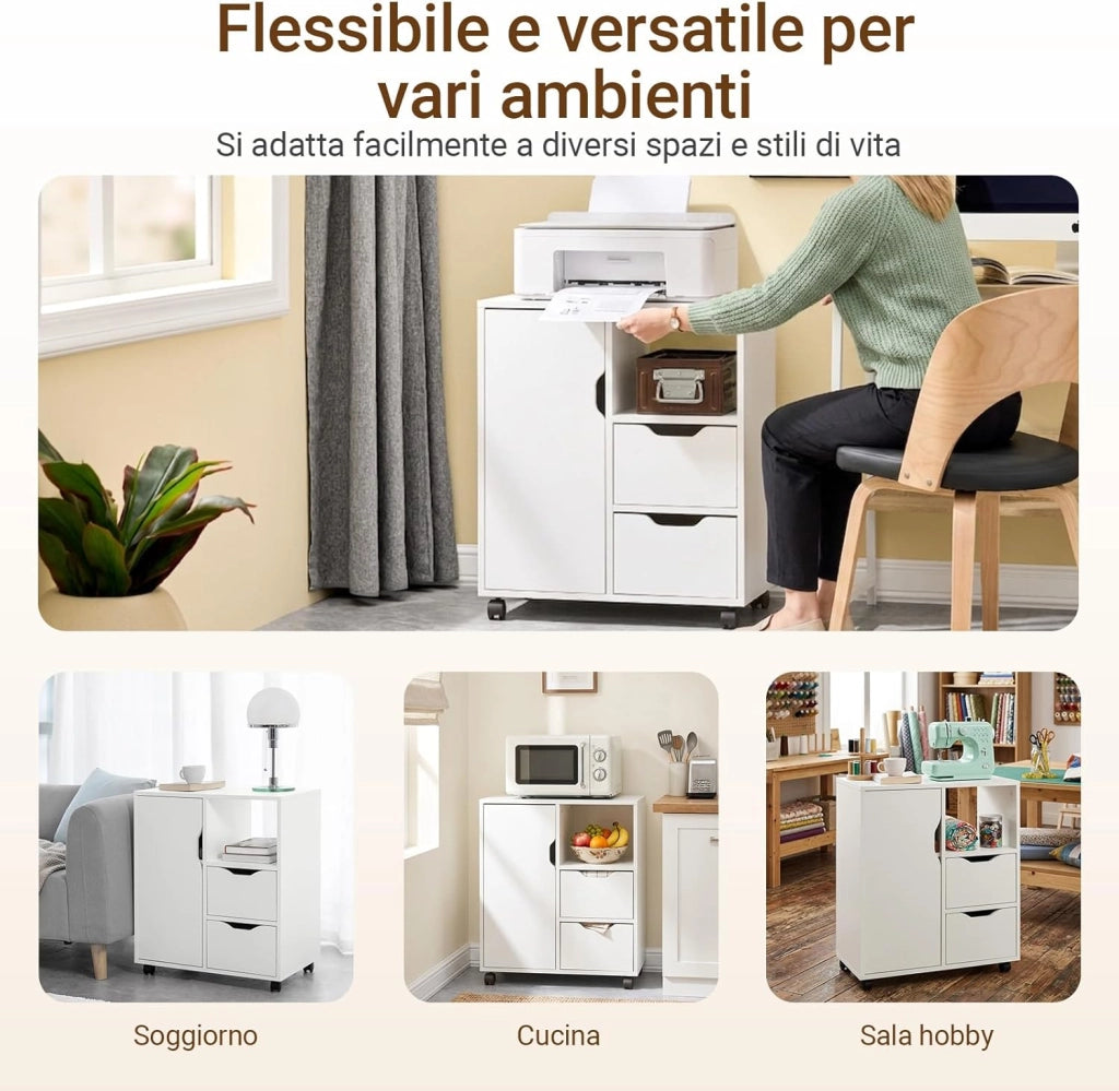 Cassettiera da Scrivania Ufficio su Ruote Cassettiera Ufficio con 2 Cassetti, 1 Anta e 1 Ripiano Aperto Carrello Tavolino Comodino Piccolo Comodino Bianco L60xP35xA70cm FBT105-W