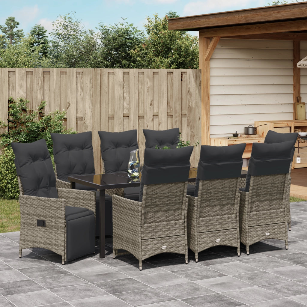 Set da Pranzo da Giardino 9 Pezzi con Cuscini Grigio Polirattan