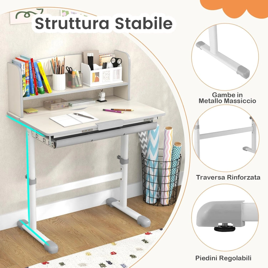 Scrivania per Bambini Altezza Regolabile con Piano Inclinabile | Banco Scuola Multifunzionale per 3-12 Anni con Libreria e Cassetto, Scrittoio Cameretta, Grigio