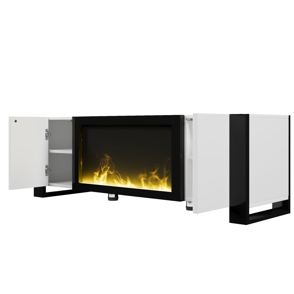 TV-Schrank moderno con camino elettrico decorativo, finitura lucida bianco e nero, 165 x 55 x 32 cm