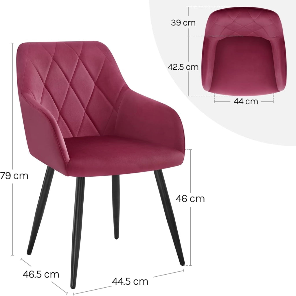 Set di 4 Sedie per Sala da Pranzo Imbottita, Poltroncina in Velluto,Sedia da Cucina con Braccioli e Schienale, Gambe in Metallo, Bordeaux, BH352bd-4