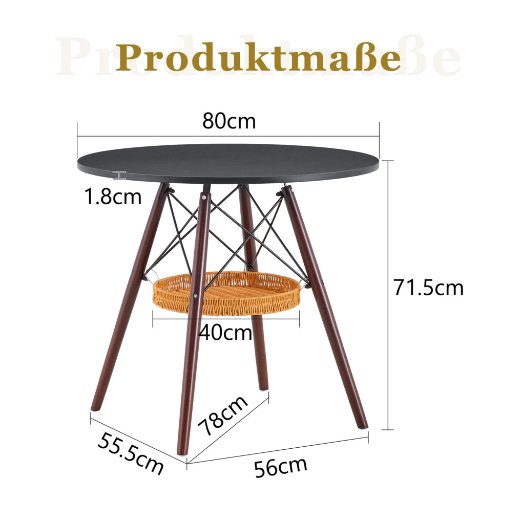 Tavolo rotondo 80 cm in MDF nero con gambe in legno massello effetto noce e cestino sospeso