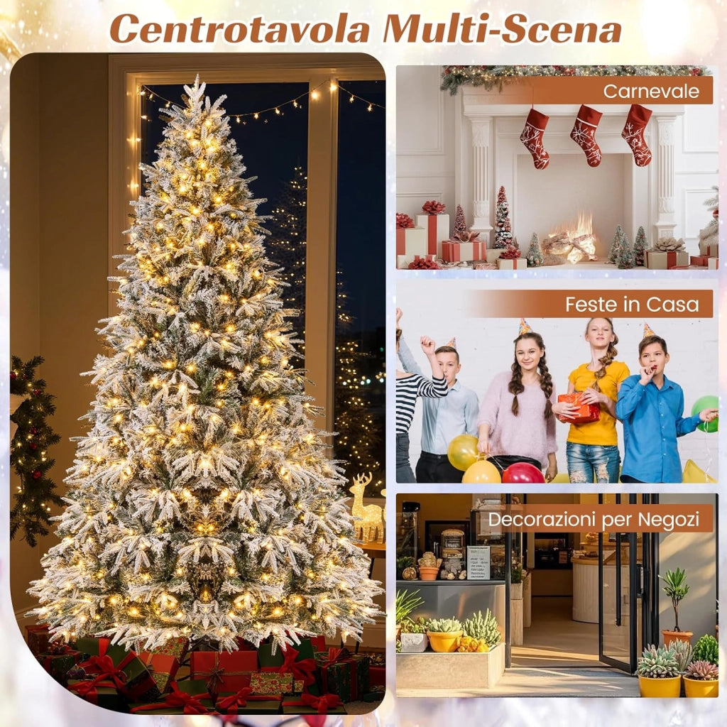 Albero di Natale Innevato 270 cm, Albero di Natale Innevato Pre-illuminato con 600 Luci LED Bianco Caldo, 2198 Punte di Rami e Base in Metallo Pieghevole (270 cm)