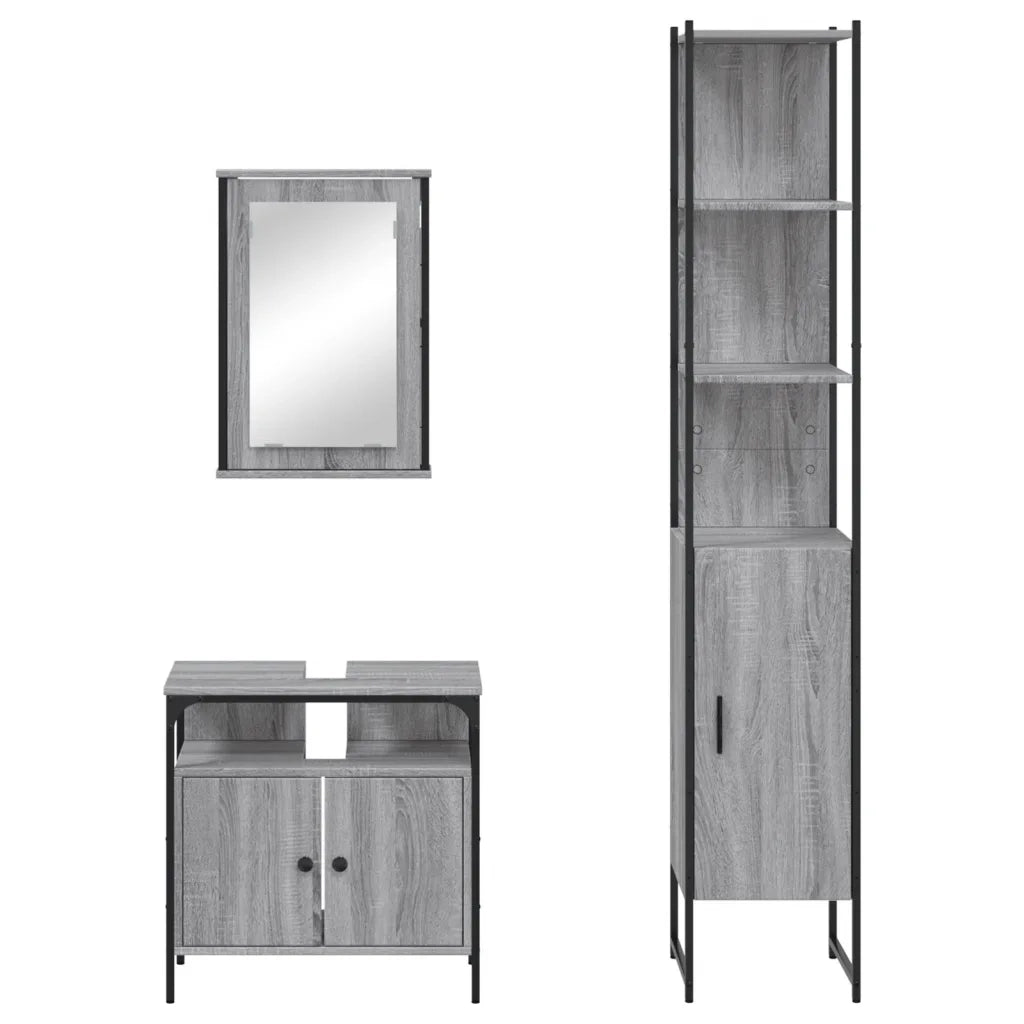 Set Mobili da Bagno | Armadio da bagno 3 pz Grigio Sonoma in Legno Multistrato