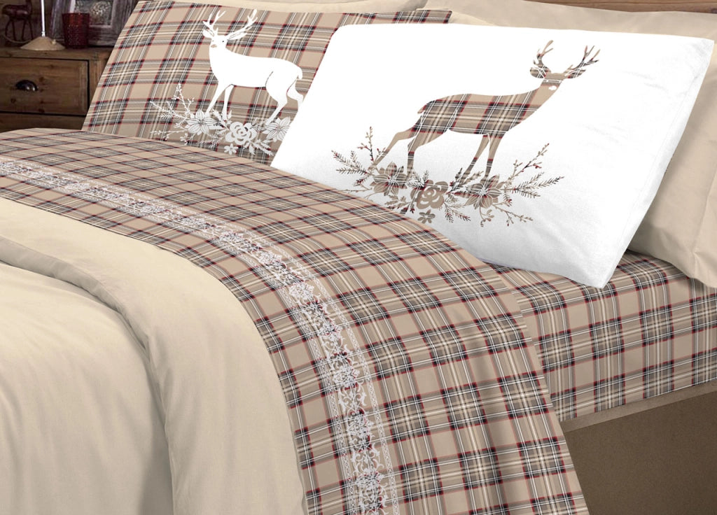 Completo Lenzuola Linea Pensieri Delicati 100% Cotone Disegno Cervo Tartan - Singolo - Beige