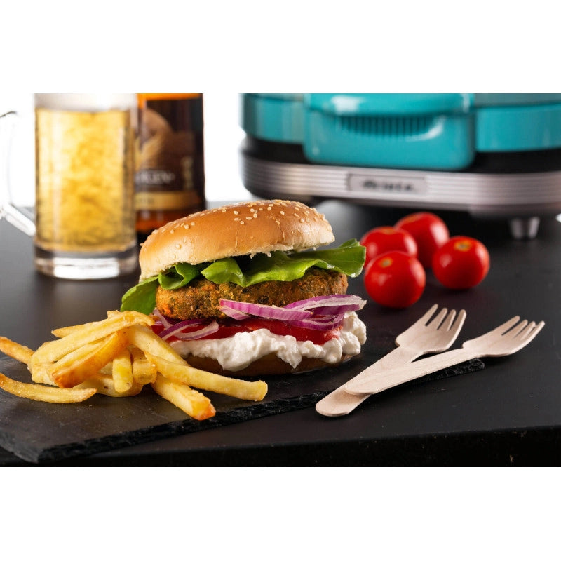 Macchina per fare hamburger 1200W, doppie piastre antiaderenti, 2 scomparti - Celeste