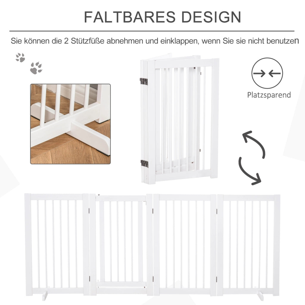 Barriera estensibile a forbice pieghevole a 4 pannelli con porta e 2 piedi di supporto per interni in legno bianco