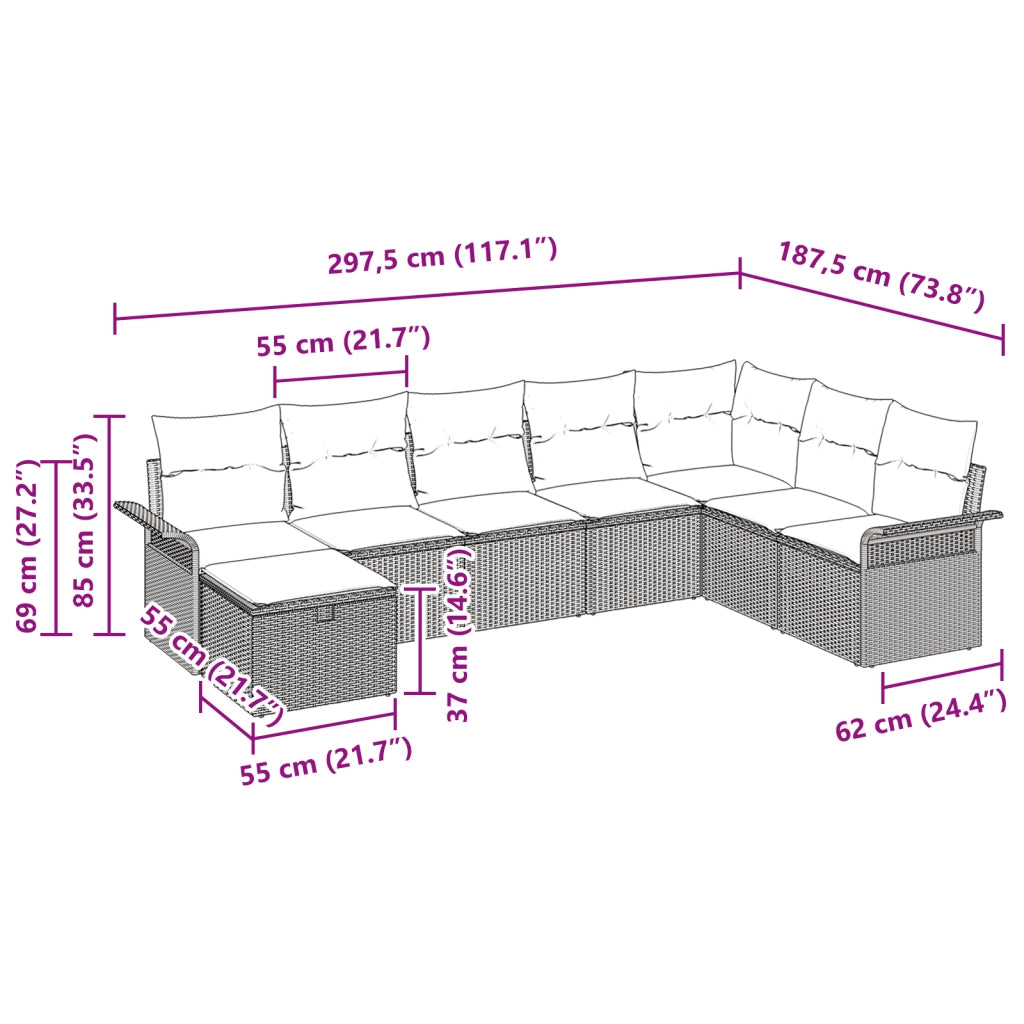 Set divano da giardino 8 pezzi con cuscini neri in rattan sintetico