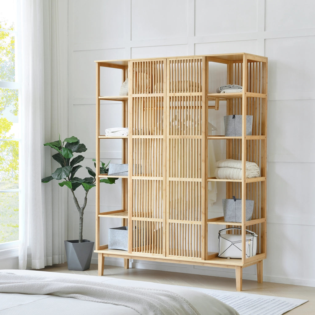 Armadio Guardaroba Hudiksvall in Bambù Naturale con 2 Ante Scorrevoli 185x140x45 cm [en.casa]