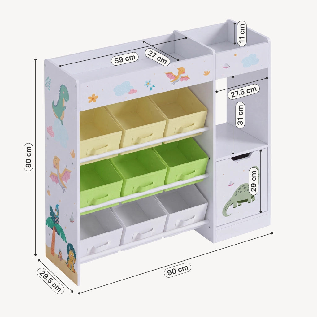 Scaffale per Cameretta Søndreland con 9 Scatole Pieghevoli 80x90x30 cm Design Dinosauro [en.casa]