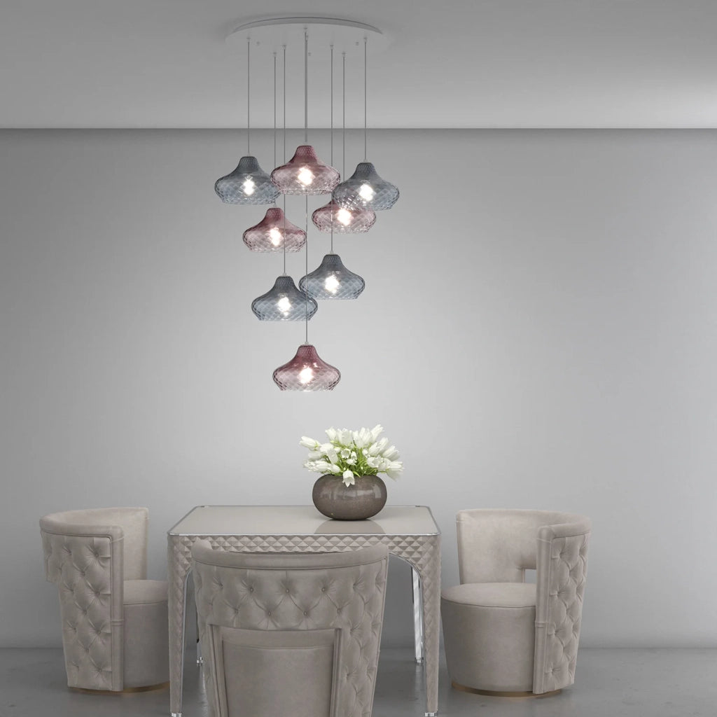 Lampadario Contemporaneo Dress Metallo Bianco Vetro Zaffiro-Ruggine 8 Luci E27