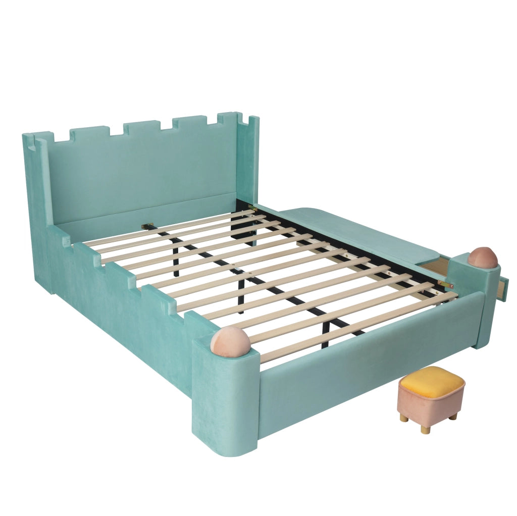 Letto imbottito 140x200 cm con sponda pieghevole e cassetto contenitore in velluto blu-verde