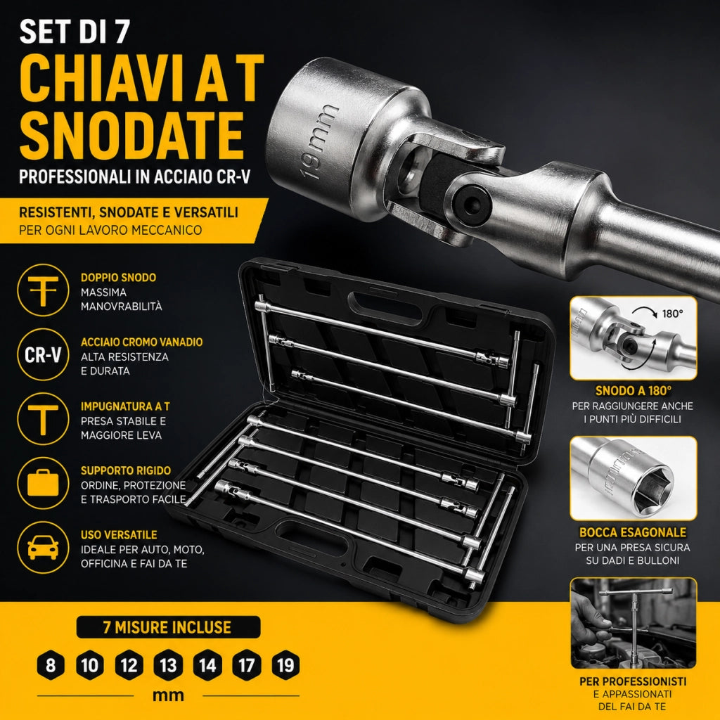Set 7 Chiavi a T Snodate Doppio Snodo Lunghe 8-19 mm con Supporto