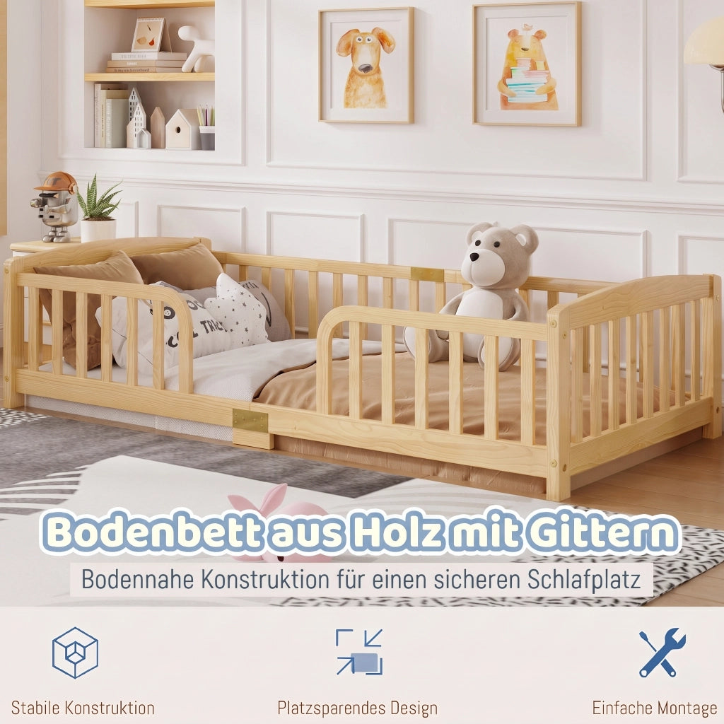 Letto per bambini 90 × 200 cm con barriere di sicurezza e apertura centrale, senza materasso, in pino, naturale