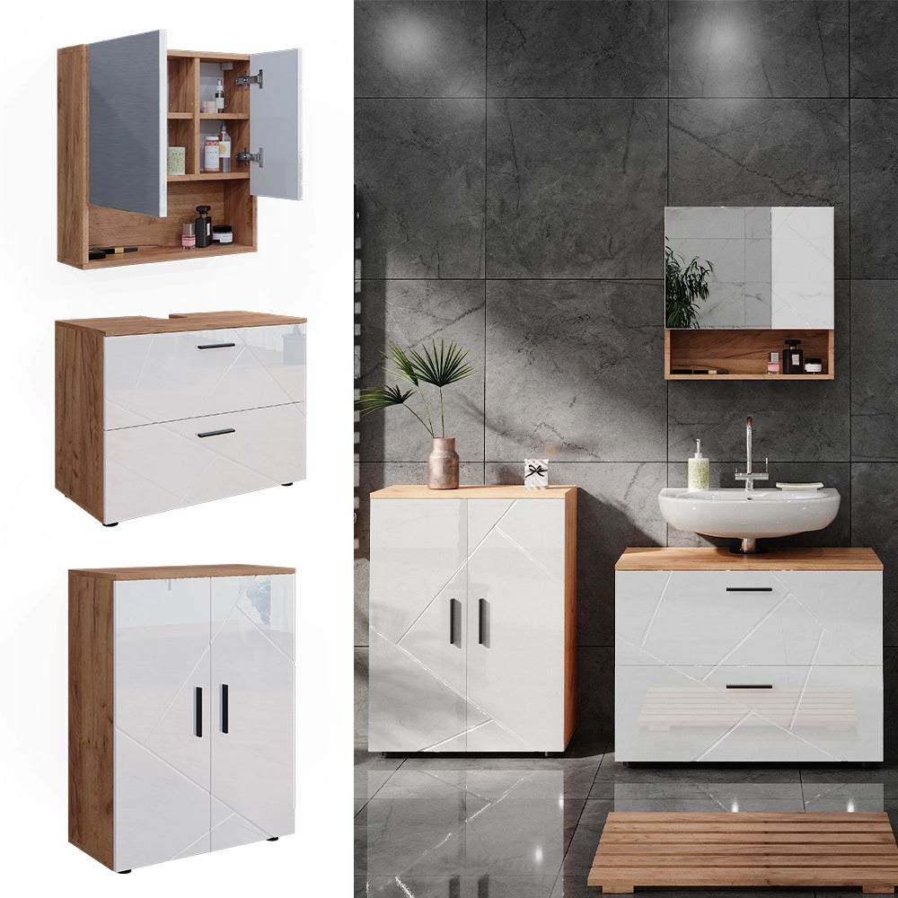 Vicco Set di mobili da bagno Bianco lucido/oro power oak 3 parti
