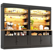 Credenza Alta da Cucina set da 2 con 4 Ante; Ripiani Aperti; 12 Ganci e LED; in MDF e Metallo; Nero